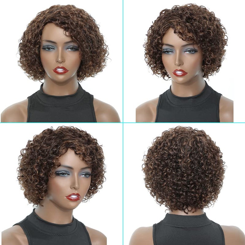UDU Short Curly Human Hair Wigs For Black Women with Bangs Highlighted Brown Mixed Color Non Lace Glueless Piano Colored Side Part (P 4/30) - Image 2